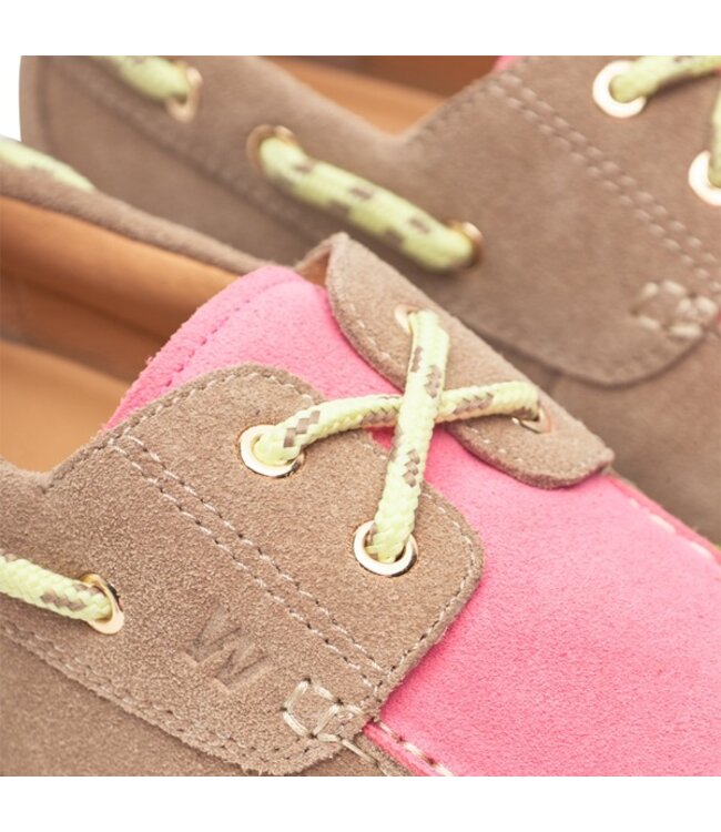 Woden ladies boat shoe taupe, pink, yellow suède