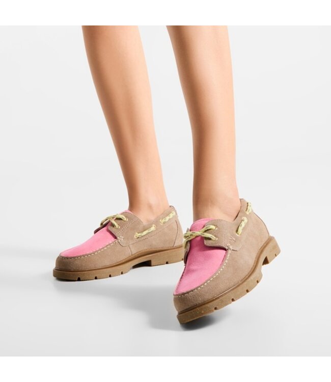 Woden dames bootschoen taupe, roze, geel suède