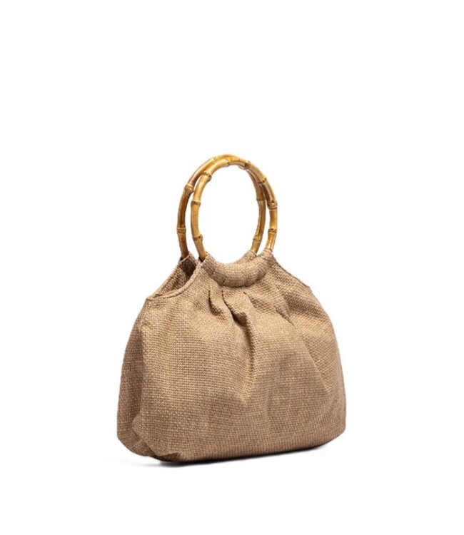 Unisa beige linen shoulder bag with bamboo handle