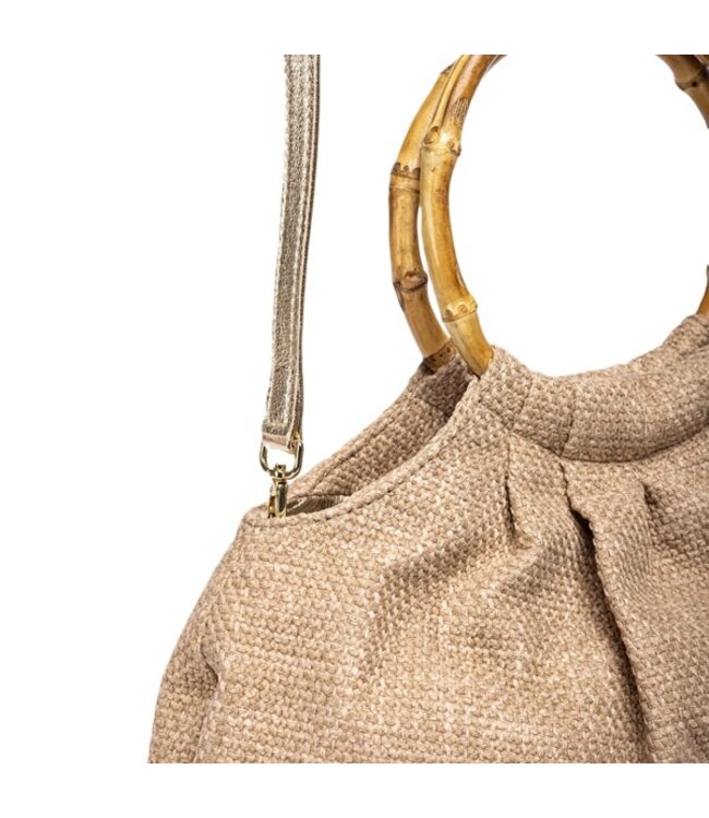 Unisa beige linnen schoudertas met bamboe handvat
