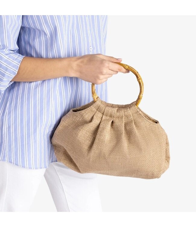 Unisa beige linnen schoudertas met bamboe handvat