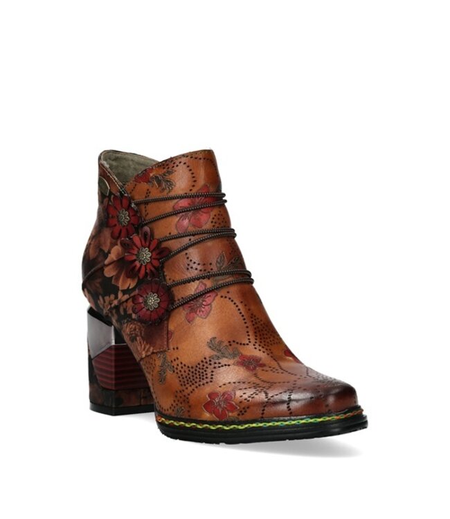 Laura Vita enkellaarsje gebloemd camel leer