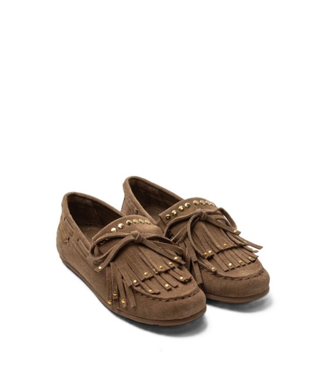 Lazamani taupe suède loafers met franjes