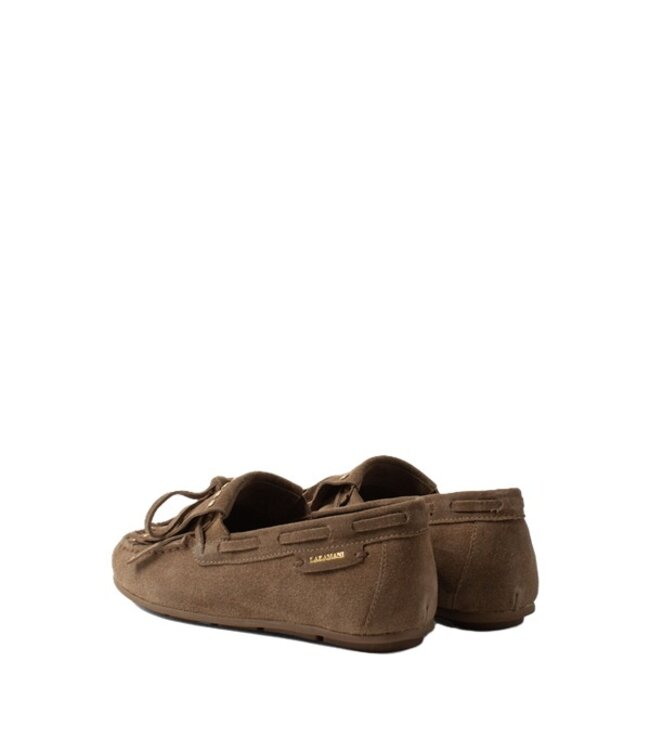 Lazamani taupe suède loafers met franjes