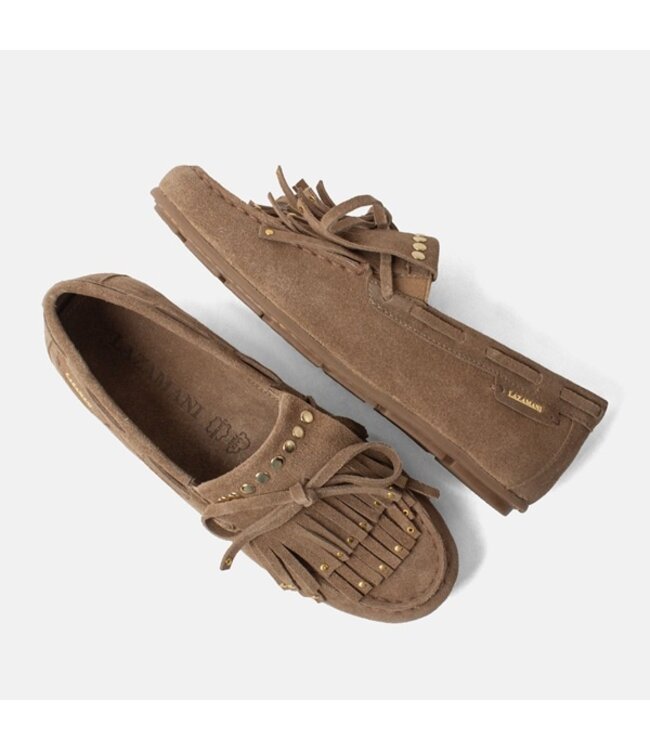Lazamani taupe suède loafers met franjes