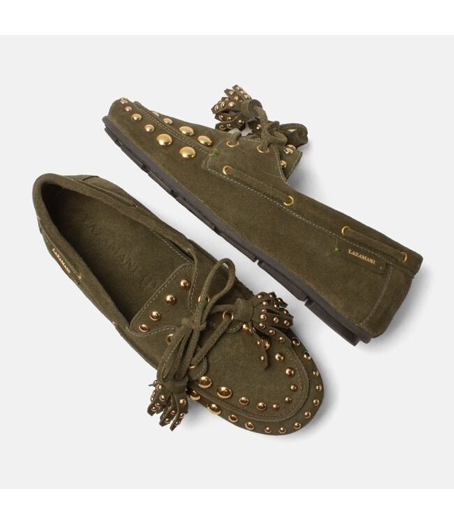 Lazamani green suede loafers with gold-colored studs
