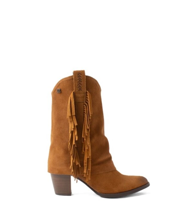 Lazamani women's mid-calf boots with fringe cognac suede