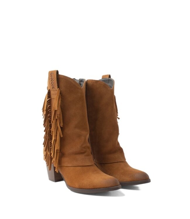 Lazamani dames halfhoge boots met franjes cognac suède