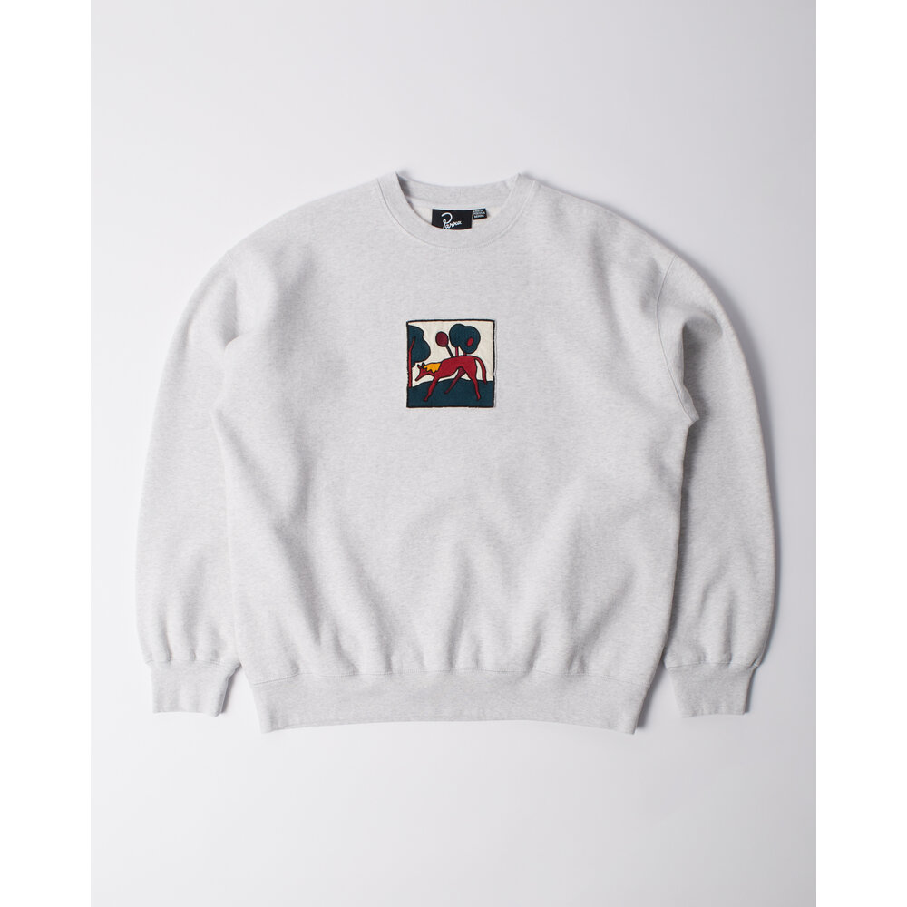 BY PARRA BY PARRA LONG LOST LEG CREW NECK SWEATSHIRT HEATHER GREY BY PARRA LONG LOST LEG CREW NECK SWEATSHIRT HEATHER GREY