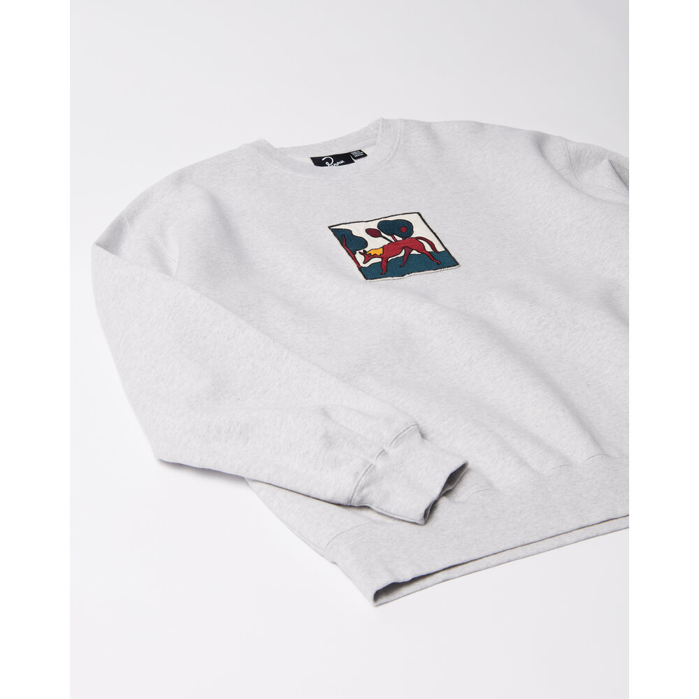 BY PARRA BY PARRA LONG LOST LEG CREW NECK SWEATSHIRT HEATHER GREY BY PARRA LONG LOST LEG CREW NECK SWEATSHIRT HEATHER GREY