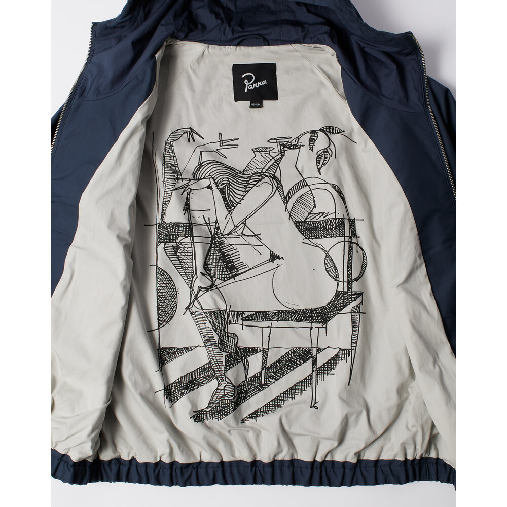 BY PARRA BY PARRA CIRCULAR RAIN LOGO COTTON SHELL JACKET NAVY BLUE BY PARRA CIRCULAR RAIN LOGO COTTON SHELL JACKET NAVY BLUE