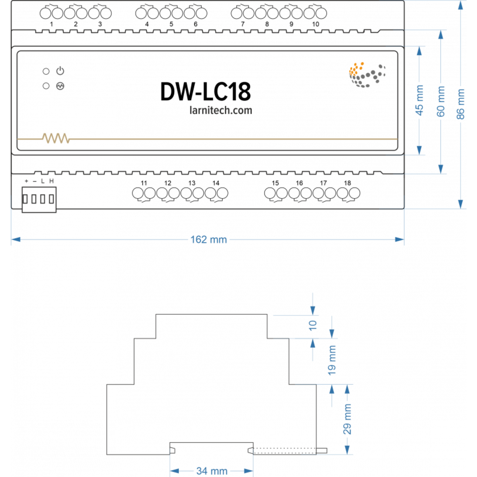 Larnitech DW-LC18 - 18-kanaals DIN-rail schakelactor