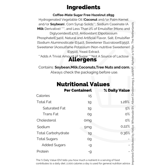 Coffee-Mate Sugar Free Hazelnut 289g – Kaffeeweißer