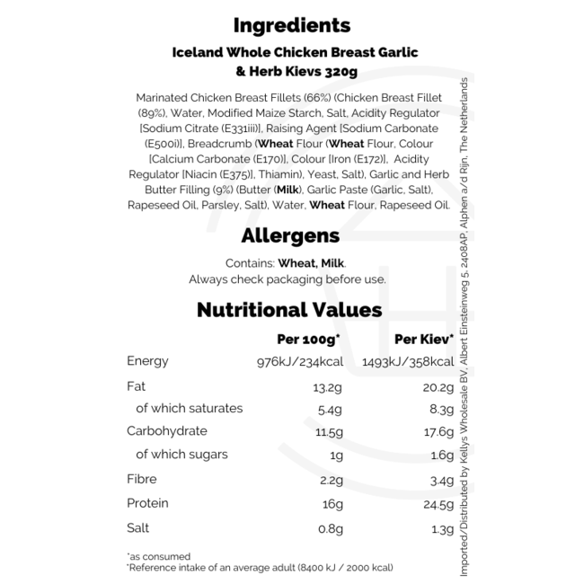 Whole Chicken Breast Garlic & Herb Kievs 320g