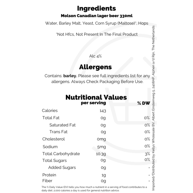 Molson Canadian Lager ABV4% 330ml