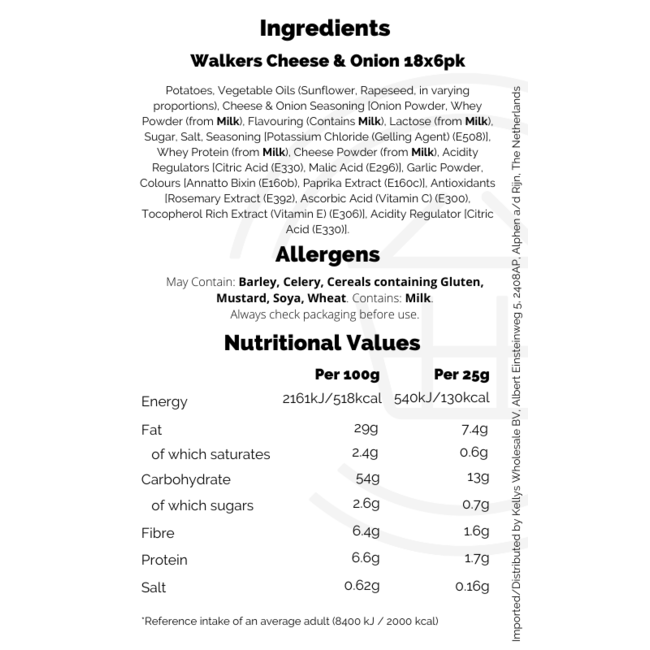 Walkers Cheese & Onion Crisps 6pk (6x25g) BBD: 16-05-2026