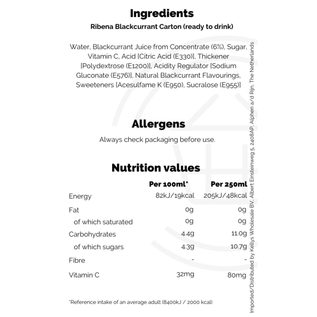 Ribena Blackcurrant Cordial 250ml (ready to drink)