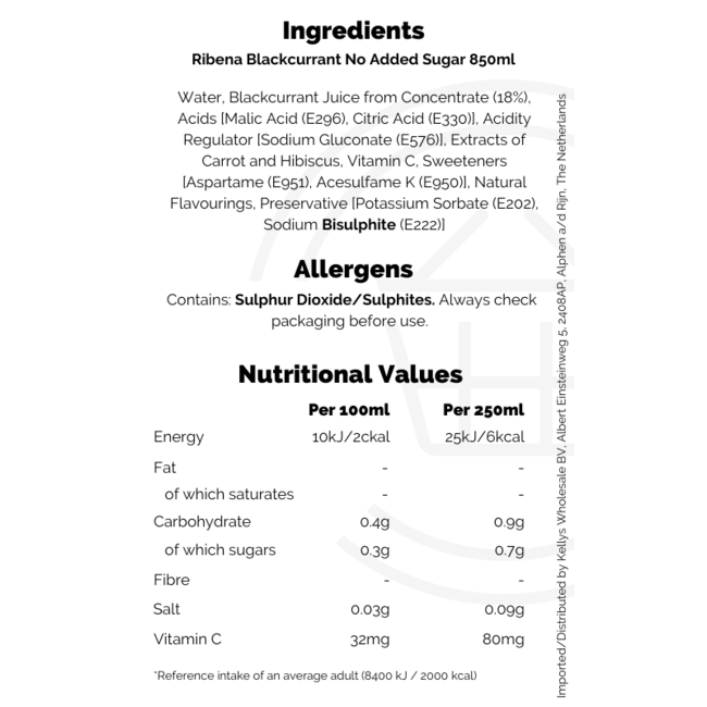 Ribena Blackcurrant No Added Sugar Cordial 850ml