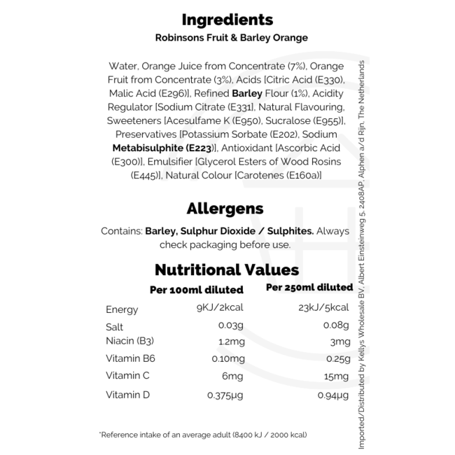 Robinsons Fruit & Barley Orange No Added Sugar 1L