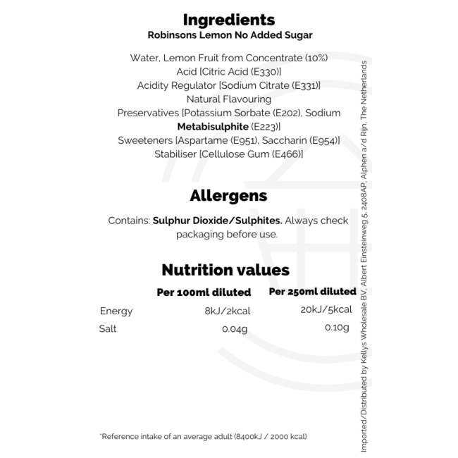 Robinsons Lemon No Added Sugar 1L