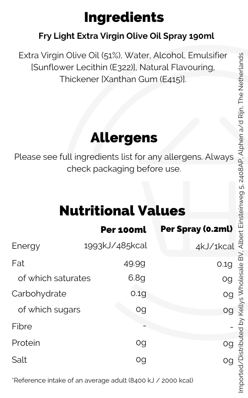 Fry Light Extra Virgin Olive Oil Spray Only 1 Calorie Per Serving