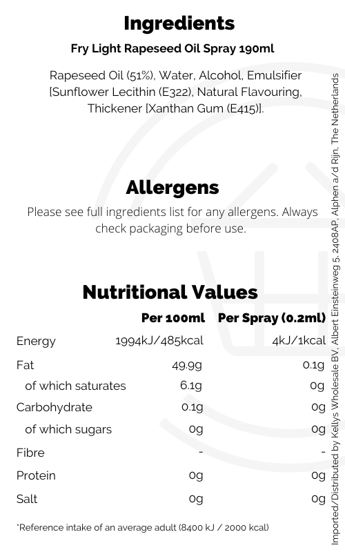 Frylight Coconut Oil Spray 190ml Low Calorie Cooking Spray Kellys Expat Shopping