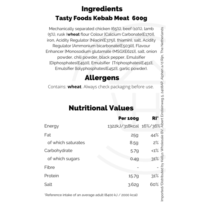 Tasty Foods Kebab Meat 600g
