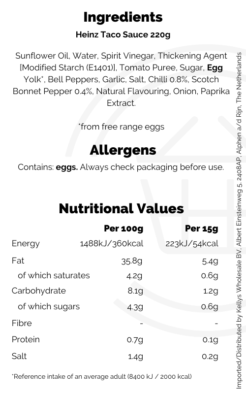 Heinz Taco Sauce 220ml Britse & Amerikaanse winkel Kellys Expat