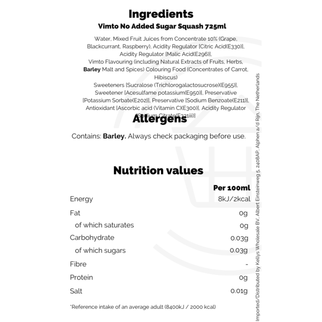 Vimto No Added Sugar Squash PM£1,65 725ml – Getränkekonzentrat