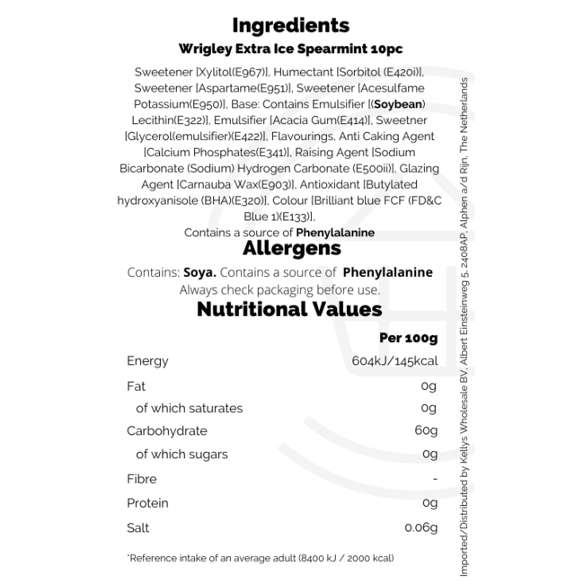 Wrigleys Extra Ice Spearmint Chewing Gum 10 sticks