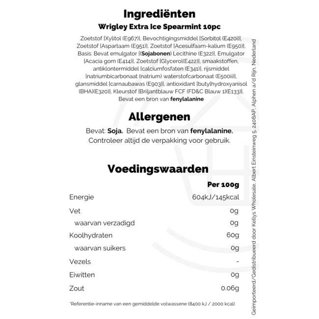 Wrigleys Extra Ice Spearmint Chewing Gum 10 sticks