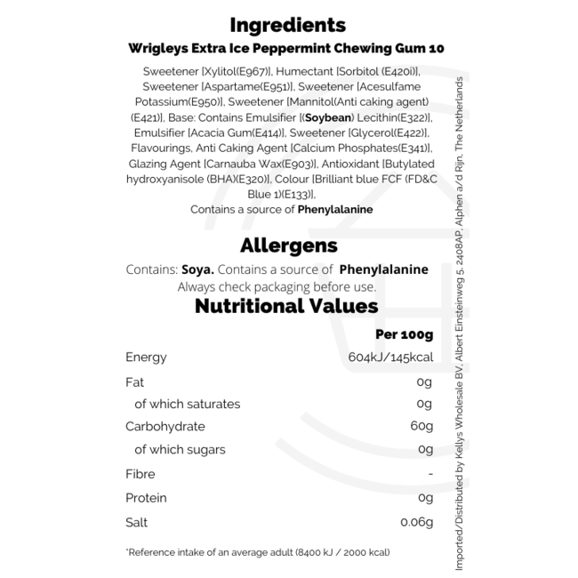 Wrigleys Extra Ice Peppermint Chewing Gum 10 sticks