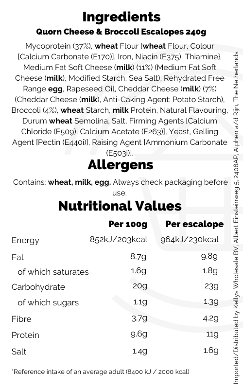 Quorn Cheese & Broccoli Escalopes 240g Kellys Expat Shopping