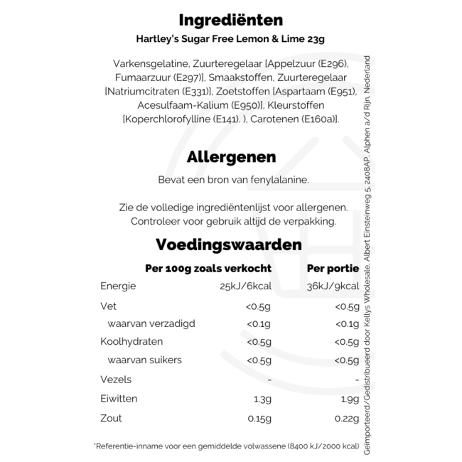 Hartleys Sugar-Free Jelly Lemon & Lime 23g