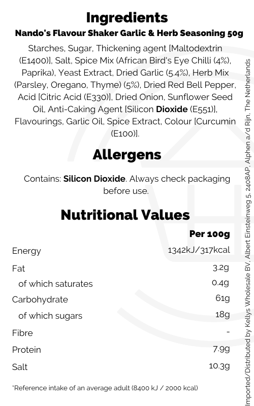 Nando's Flavour Shaker Garlic & Herb Seasoning 50g Kellys Expat Shopping