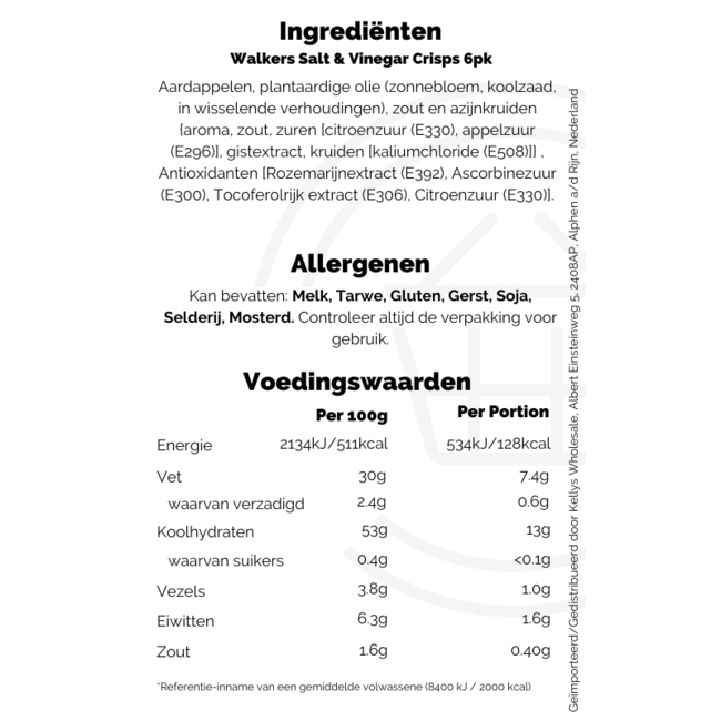 Walkers Salt & Vinegar Crisps 6pk (6x25g)