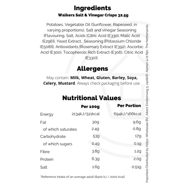 Walkers Salt & Vinegar Crisps 32.5g BBD: 20-06-2026