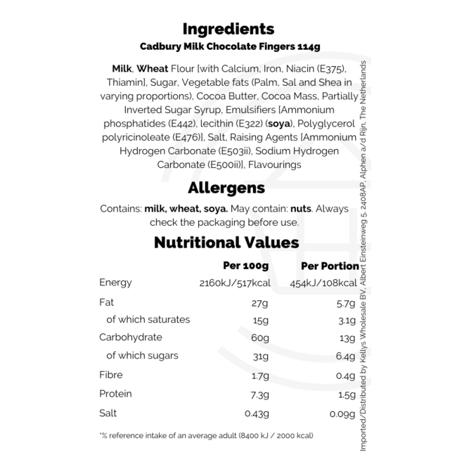 Cadbury Milk Chocolate Fingers 114g