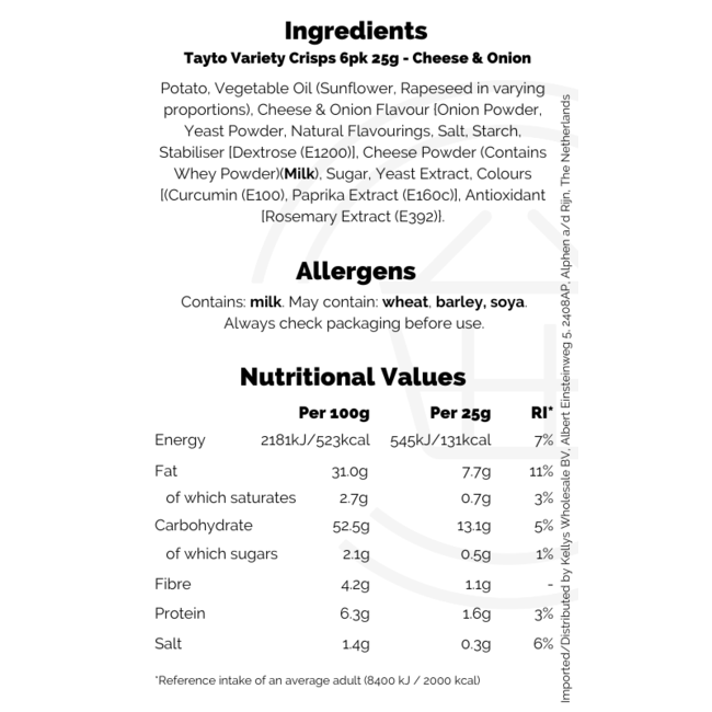 Tayto Variety Crisps 6pk 25g THT: 04-11-2025
