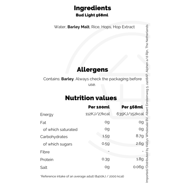 Bud Light 4pk Pint ABV 3.4% 4x568ml