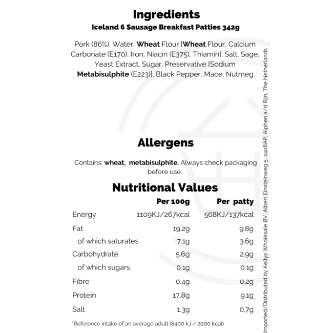Iceland 6 Sausage Breakfast Patties 342g