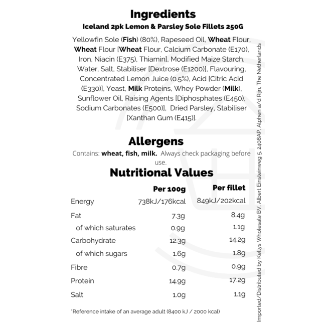 Iceland 2pk Lemon & Parsley Sole Fillets 250G