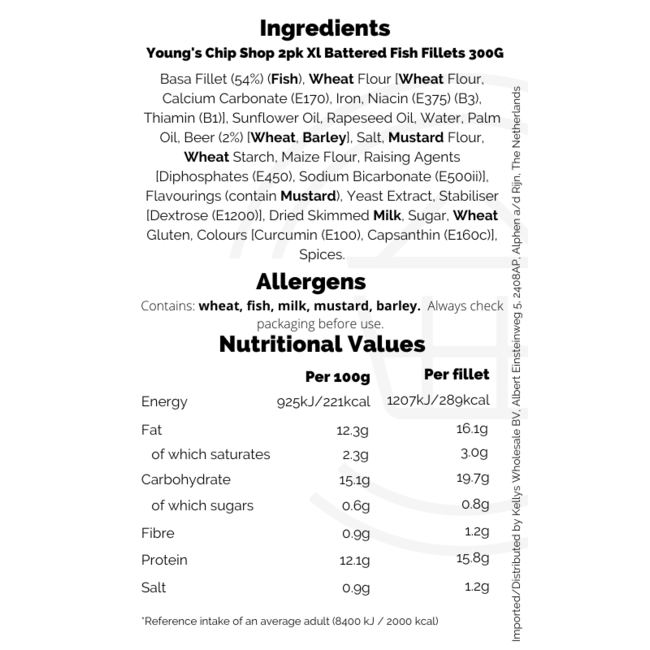 Young's Chip Shop 2pk Xl Battered Fish Fillets 300G