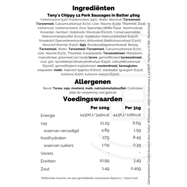 Tony's Chippy 12 Pork Sausages in Batter 460g