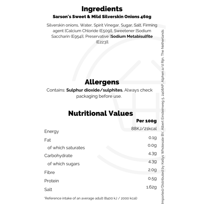Sarson's Sweet & Mild Silverskin Onions 460g