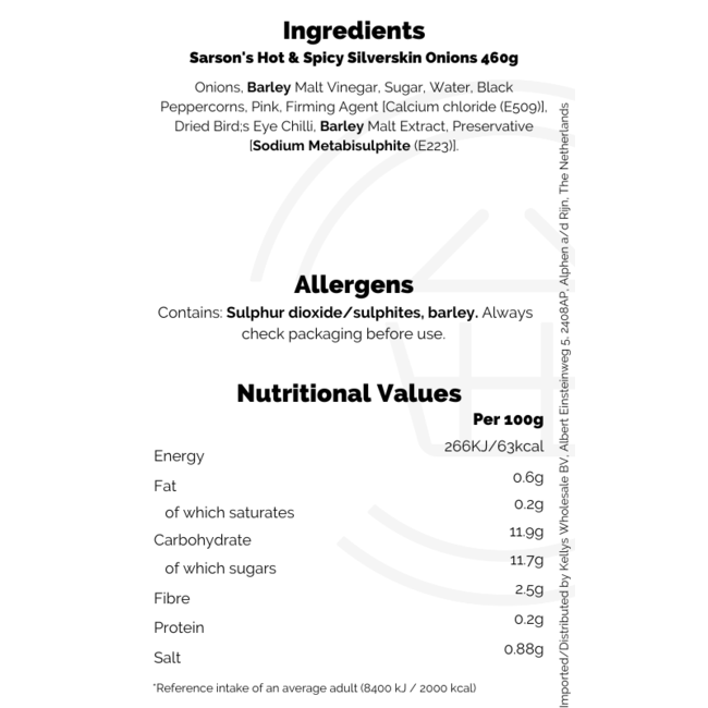 Sarson's Hot & Spicy Silverskin Onions 460g – Eingelegte Zwiebeln