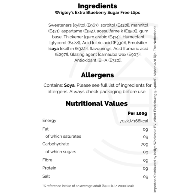 Wrigley's Extra Blueberry Sugar Free 10pc THT: 03-08-2026