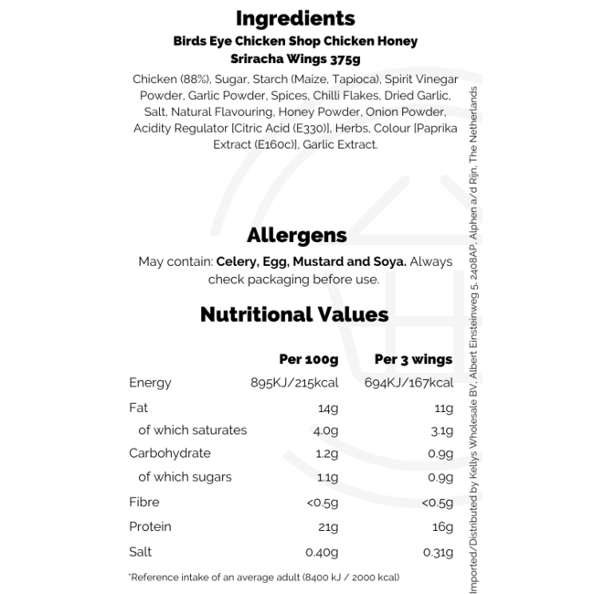 Birds Eye Chicken Shop Chicken Honey Sriracha Wings 375g