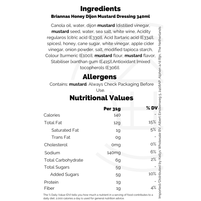 Briannas Honey Dijon Mustard Dressing 340ml