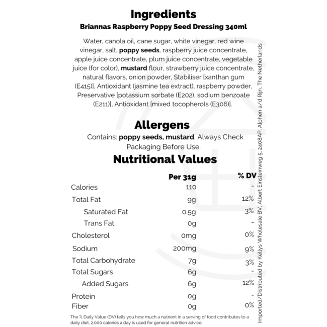 Briannas Raspberry Poppy Seed Dressing 340ml